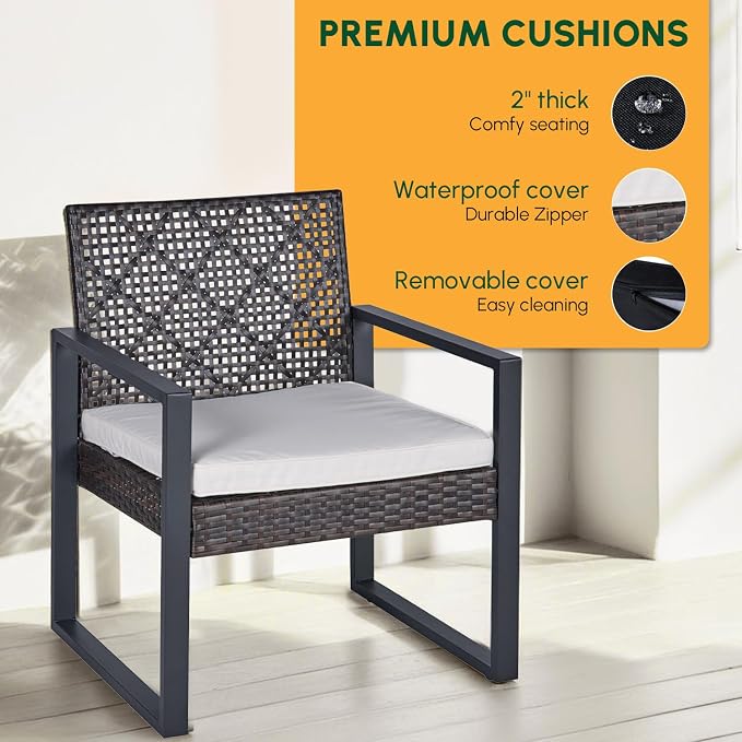 BEEFURNI Wicker Patio Furniture Outdoor Conversation Set of 4, Rattan Outdoor Furniture Set, Acacia Wood Table, 2 Chairs, 1 Loveseat, 2” Cushions, All Weather Set for Patio, Porch, Balcony (Black)