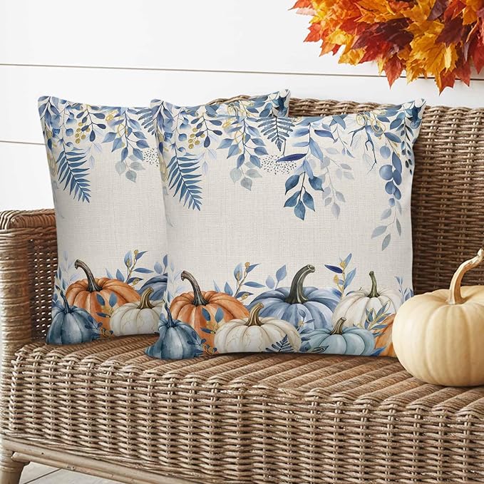 Orange Blue Fall Waterproof Outdoor Pillow Covers 20''x20'' Set of 2, Thanksgiving Eucalyptus Berry Leaves Patio Cushion Covers for Chairs, Decorative Pumpkin Beige Pillow Cases for Garden/Pool/Beach