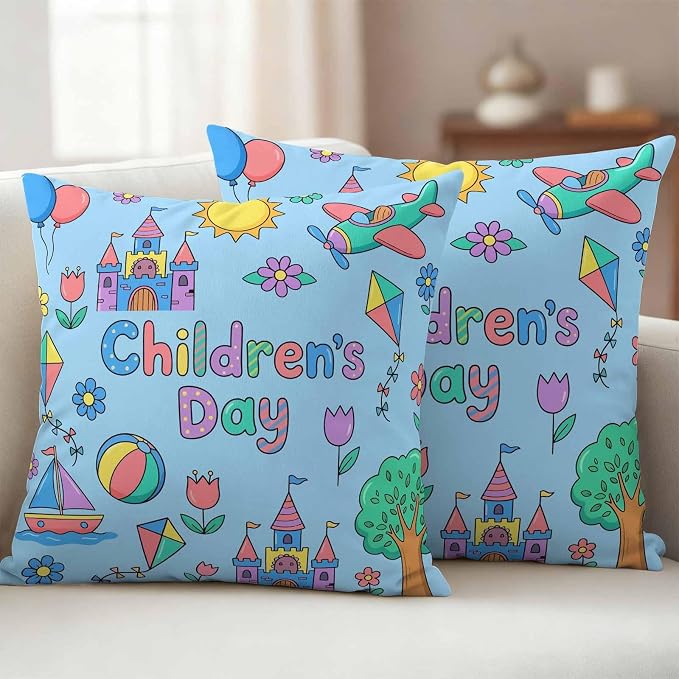Pack of 2 Children's Day Outdoor Pillow Covers Decorative, Waterproof Pillow Protector, Airplanes Sailing Boats Tree Cartoon Blue Throw Pillowcases Accent Cushion Cases for Patio Couch Sofa 24"x24"