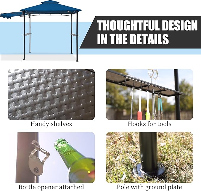 FAB BASED 5x8 Grill Gazebo with Extra Awning, All-Weather Steel Construction, Double Tiered & Resistant Canopy Roof, Metal Serving Shelves, 2 LED, Bottle Opener for Patio, Backyard, BBQ (Blue)