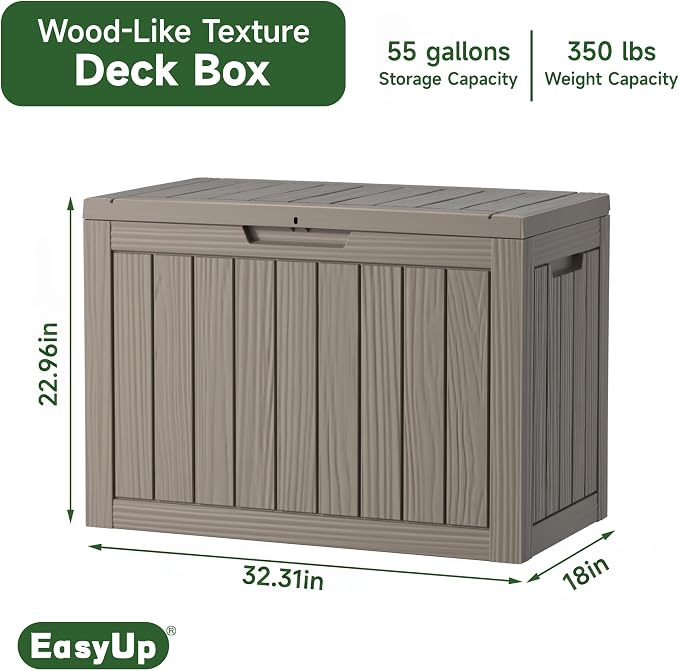 EasyUp 55 Gallon Deck Boxes Outdoor Waterproof, Resin Outside Storage Box for Patio Cushion Furniture Pool Accessories Garden Tools Indoor Outdoor Storage Bench (55 Gallon, Gray)