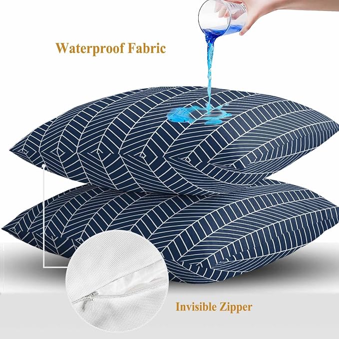Outdoor Waterproof Throw Pillow Covers Set of 2 Navy Blue Chevron Stripes Pillowcases 20x20 Inches Modern Geometric Texture Decorative Pillows Cushion Case Patio Pillows for Couch Bed Chair Garden
