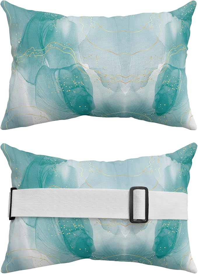 Outdoor Pillows Covers with Inserts Teal Green Marble Yellow Lines Gradient Waterproof Recliner Pillow with Adjustable Strap Throw Pillows for Patio Furniture Pool Lounge Chair, 11x16 inch, 2PCS
