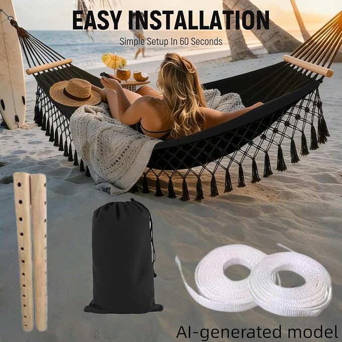 Bohemian Canvas Hammock with Tassels, Brown, 79"x39" | Soft Breathable Cotton Canvas Hammock,79x39in,2 Hanging Straps Wooden Bar;3 colors,compact for students renters dorm balcony