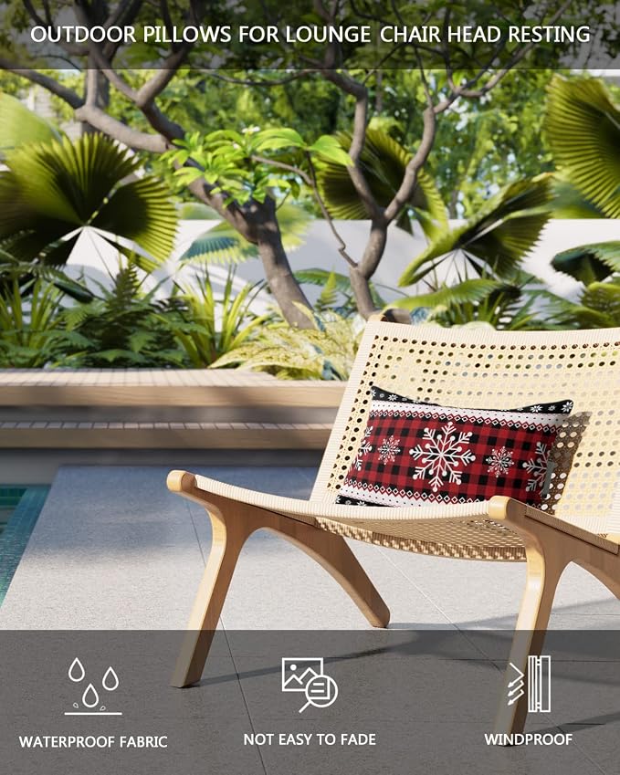 Outdoor Pillows Covers with Inserts Chrsitmas Snowflake Winter Snow Red Plaid Waterproof Recliner Pillow with Adjustable Strap Throw Pillows for Patio Furniture Pool Lounge Chair, 11x16 inch, 1PCS
