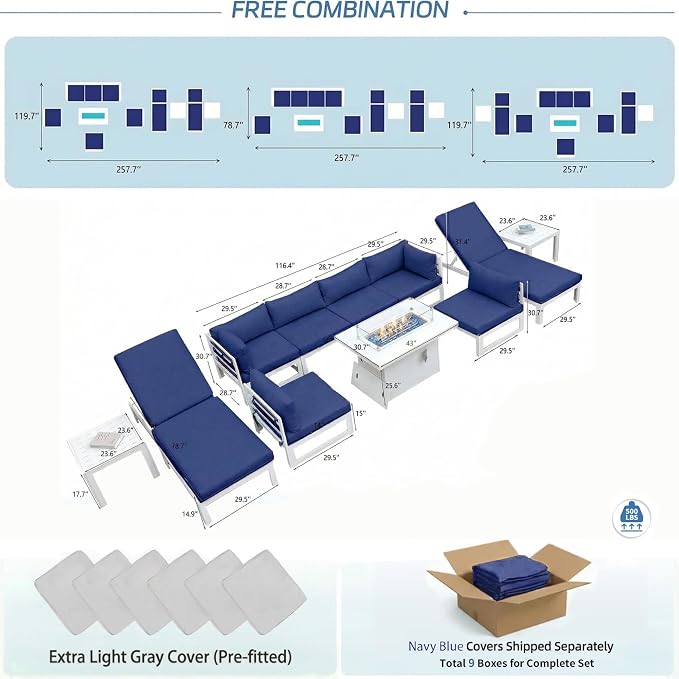 NICESOUL 11 Piece Oversized Luxury Aluminum Outdoor Sectional Sofa with Lounge, Weather Resistant Modular Patio Furniture Set, 500 lbs Heavy Duty Conversation Couch for Poolside Garden, Navy Blue