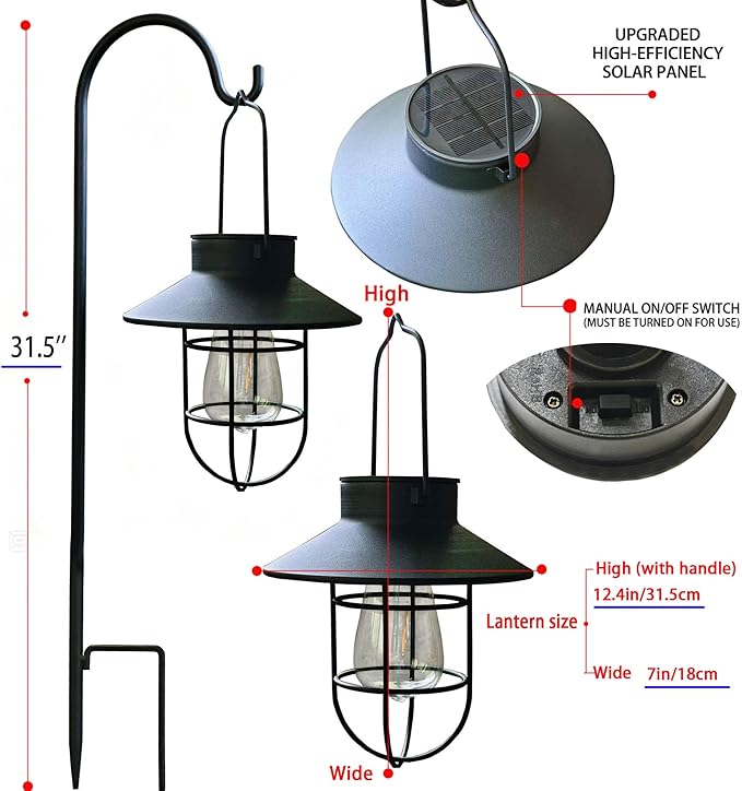 4 Pack Hanging Solar Lantern Lights with Shepherd Hook, Metal Waterproof Warm White Edison Bulb Lights for Garden Outdoor Pathway