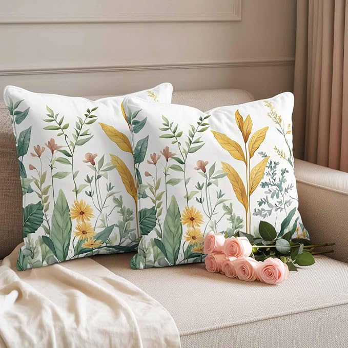 Outdoor Pillow Covers 20x20 Set of 2, Yellow Green Botanical Waterproof Patio Throw Pillow Covers for Couch Sofa Chair, Rustic Watercolor Leaves Decorative Pillowcases for Throw Pillows