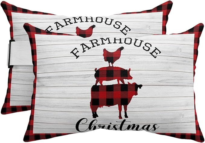 Outdoor Pillows Covers with Inserts Farmhouse Christmas Pig Cock Cow Buffalo Plaid Waterproof Pillow with Adjustable Strap Throw Pillows for Patio Furniture Recliner Lounge Chair, 11x16 inch, 2PCS