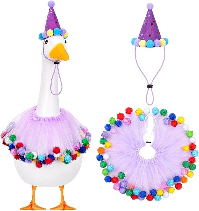 Birthday Porch Goose Outfit Lawn Clothes Hat and Tutu Collar Plastic Outfits for 23" 17" Cement Goose Outdoor Garden Lawn Art Decor (Purple,Tutu Skirt)