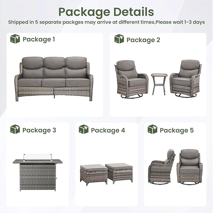Luxury Patio Furniture Set with 6-inch Thick Cushion, Outdoor Furniture with Fire Pit Table, Swivel Chairs, Sofa, Side Table, Ottomans, 9pcs Wicker Conversation Set(Grey Wicker/Grey Cushion)