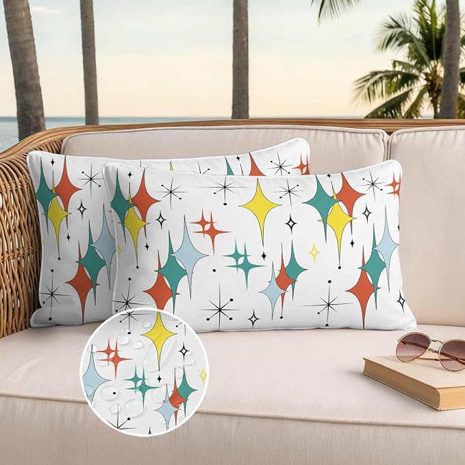 Middle Century Waterproof Outdoor Pillow Covers Set of 2 Home Decor, Boho Abstract Art Teal Orange Rhomboid Pillowcase Patio Pillow Covers for Couch Bench Furniture Garden 20x12in