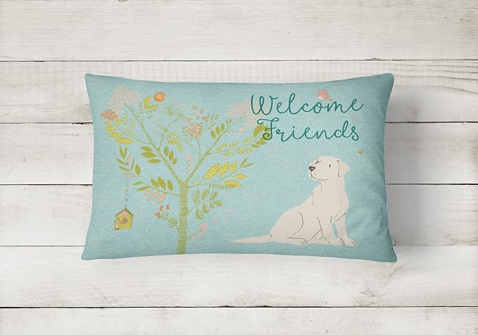 Caroline's Treasures BB7596PW1216 Welcome Friends Yellow Labrador Retriever Canvas Fabric Decorative Pillow Machine Washable, Indoor Outdoor Decorative Pillow for Couch, Bed or Patio, 12HX16W