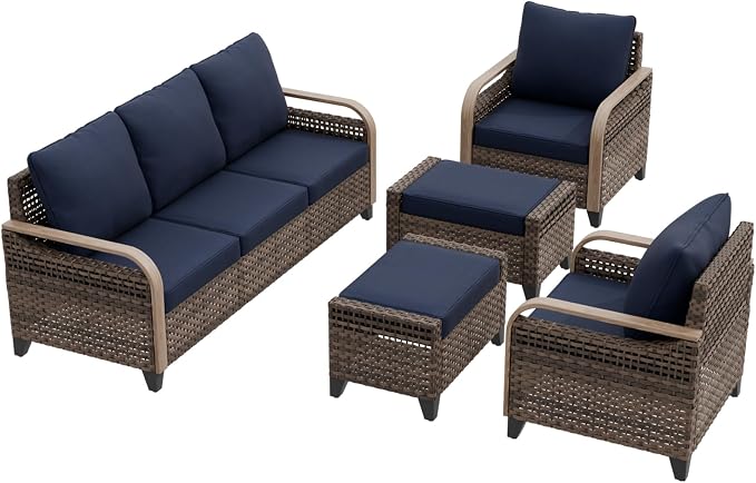 EAGLE PEAK Modern Wicker Outdoor Patio Furniture Set, Patio Conversation Set, 2 Chairs, 3-Seat Loveseat and 2 Ottomans, 5 Pieces, Brown/Blue