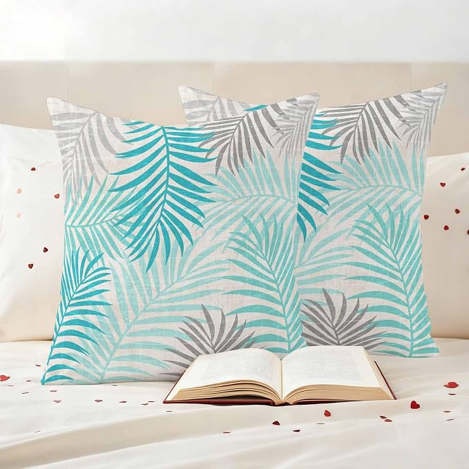 Outdoor Waterproof Throw Pillow Covers, Teal Grey Palm Leaves Decorative Pillow Cases, Summer Botanical Tropical Leaf Couch Pillow Protector Patio Sofa Cushion Covers Replacement 18"x18" 2 Pack
