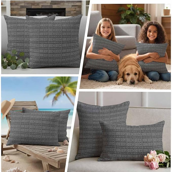 Outdoor Waterproof Throw Pillow Covers Set of 2 Grey Stripes Grain Pillowcases 16x16 Inches Solid Color Decorative Pillows Cushion Case Patio Pillows for Couch Bed Chair Garden