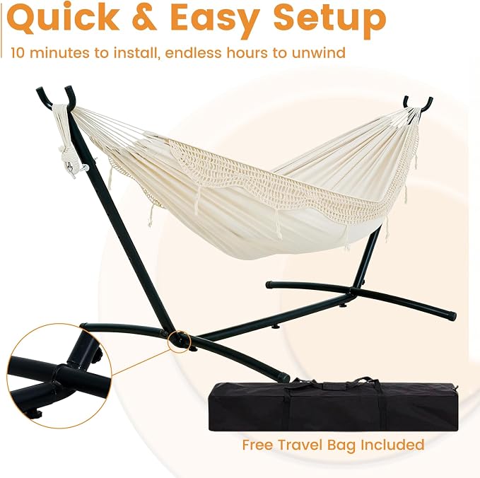 Lazy Daze Hammocks 9FT Double Hammock with Sturdy Steel Stand and Durable Fabric, Camping Lace Hammocks Include Portable Carrying Case, 450 LBS Capacity