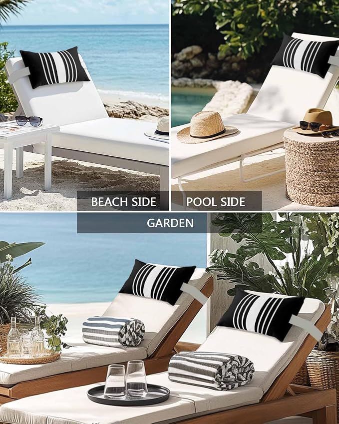 Chaise Lounge Chair Pillow with Strap & Insert Black Stripes Outdoor Recliner Head Pillow Pack of 2 Classic Striped Waterproof Headrest Patio Lumbar Pillow for Beach Pool Office Chair 11x16 Inch
