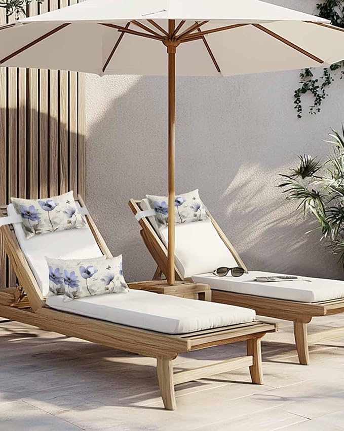Elegant Blue Flower Outdoor Beach Chair Pillow Headrest for Chaise Lounge Chair, Retro Dragonfly Butterfly Recliner Head Pillow Waterproof Pillowcases with Elastic Stripes & Pillow Inserts 11x16,2 Pcs