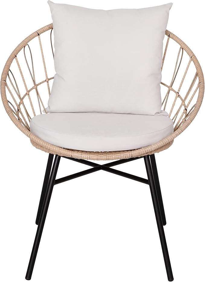 EMMA + OLIVER Ari 3 Piece Boho Patio Set - Tan Finish Faux Rattan Rope Chairs - Light Gray Removable Cushions - Tempered Glass Top Side Table - Indoor/Outdoor
