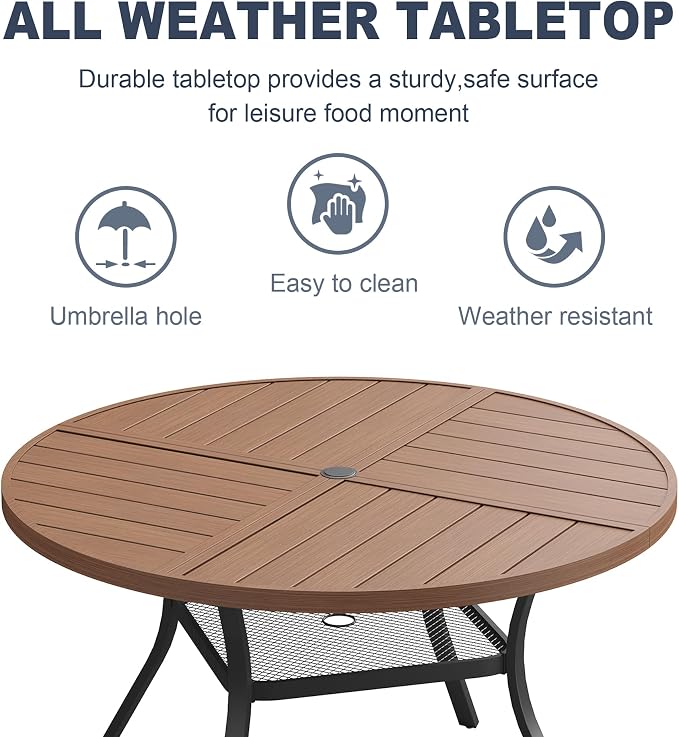VICLLAX Patio 7 Pieces Outdoor Dining Set, 47.2" Round Metal Table with Umbrella Hole and Storage Shelf, 6 Swivel Textilene Chairs for Lawn, Garden, Porch, Walut/Brown