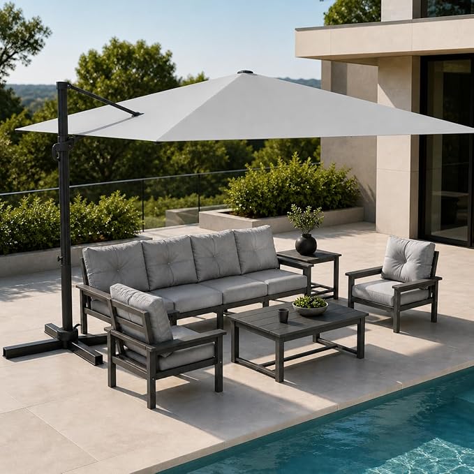 Kingdura 9' X 9' Cantilever Patio Umbrella with Base Included, Large Square Outdoor Offset Umbrella with 360-degree Rotation, 4 Position Tilt, UV Protection for Pool Deck Garden Patio (Light grey)