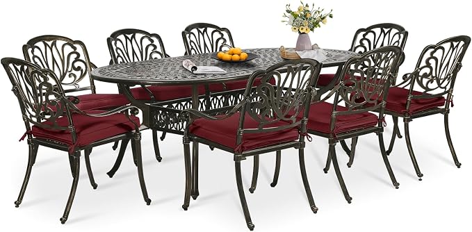 9-Piece Patio Dining Set, Outdoor Patio Table and Chair Set of 84” Oval Cast Aluminum Dining Table with Umbrella Hole and 8 Outdoor Dining Cushion Chairs, Patio Funiture Set for Garden, Red