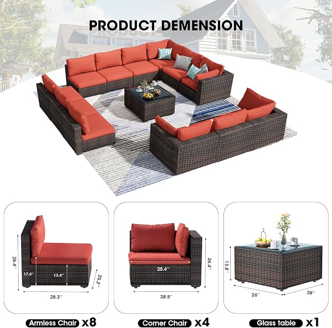 13 Piece Patio Furniture Set All Weather PE Rattan Outdoor Sectional Sofa Couch with No-Slip Cushions and Glass Top Table for Garden, Poolside, Backyard (Red)