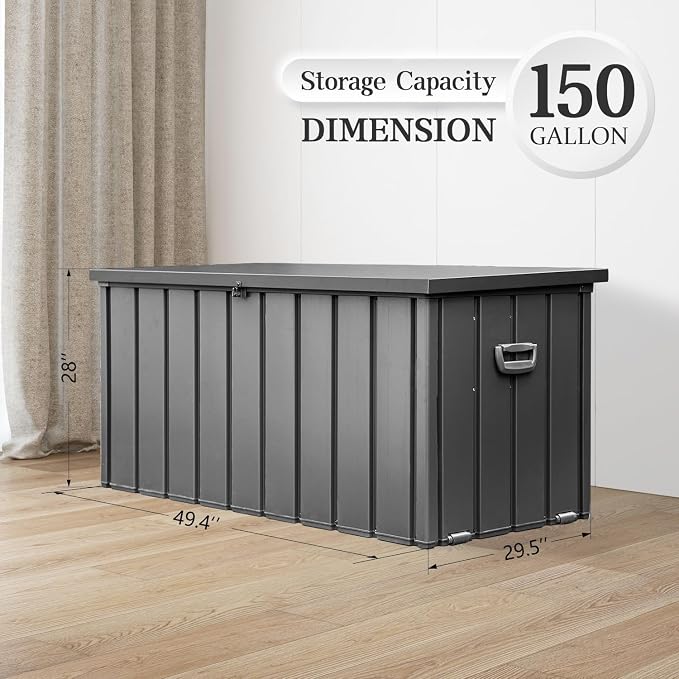 Domi 150 Gallon Deck Box, Metal Outdoor Storage Box with Lock Wheels, Waterproof Outside Storage Box for Patio Cushions