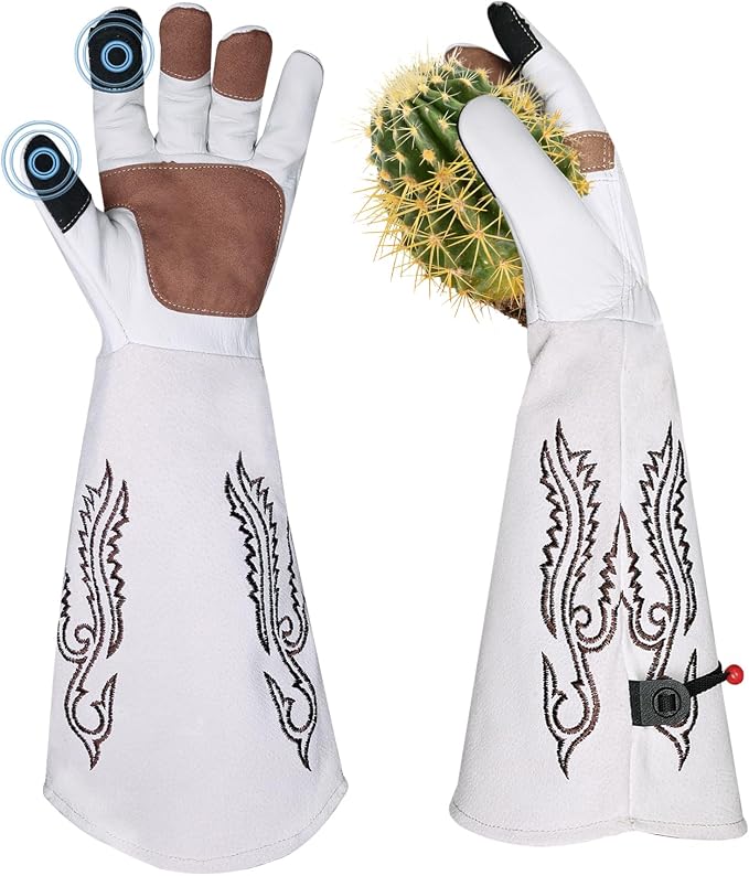 Cactus Garden Gloves (Reforced-Thorn Puncture Proof), Touchscreen, Long Leather, Women & Men, Heavy Duty- Great for Gardening, Rose Pruning, Cacti Trimming, Weeding, Pull Thistle, Plant (Large)
