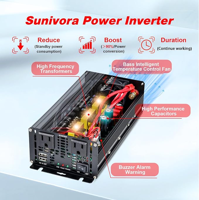 2000 Watt Power Inverter 12V DC to 110V/120V AC Converter 4000W Peak with LCD Display, 3 AC Outlets & 2 USB Ports Power Inverters for Vehicles Car Truck Boat RV Camping Solar System EPS