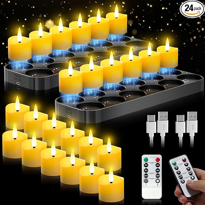 YiaMia 24 Pack Flameless Candles, Rechargeable Tea Lights with Magnetic Charging Base, Electronic Candles with Remote and Timer, 100+H Battery Operated Candles for Votive Wedding Halloween Christmas