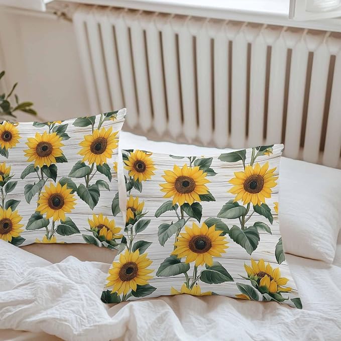 Country Sunflowers Waterproof Outdoor Pillow Covers Set of 2 Home Decor, Retro Pastoral Floral Wooden Plank Pillowcase Patio Pillow Covers for Couch Bench Furniture Garden 16x16in