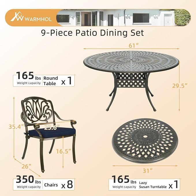 9-Piece Patio Furniture Dining Set, All Weather Cast Aluminum Outdoor Conversation Set- 61" Round Patio Dining Table with Detachable Lazy Susan & 8 Cushioned Chairs, Umbrella Hole, Navy Blue