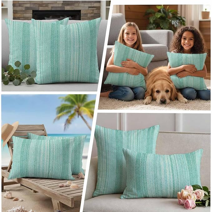 Abstract Teal Outdoor Pillow Covers 16"x16" Set of 2, Rustic Farmhouse Minimalist Teal Vertical Striped Lines Waterproof Throw Pillow Covers for Patio Furniture, Decorative Cushion Covers for Porch