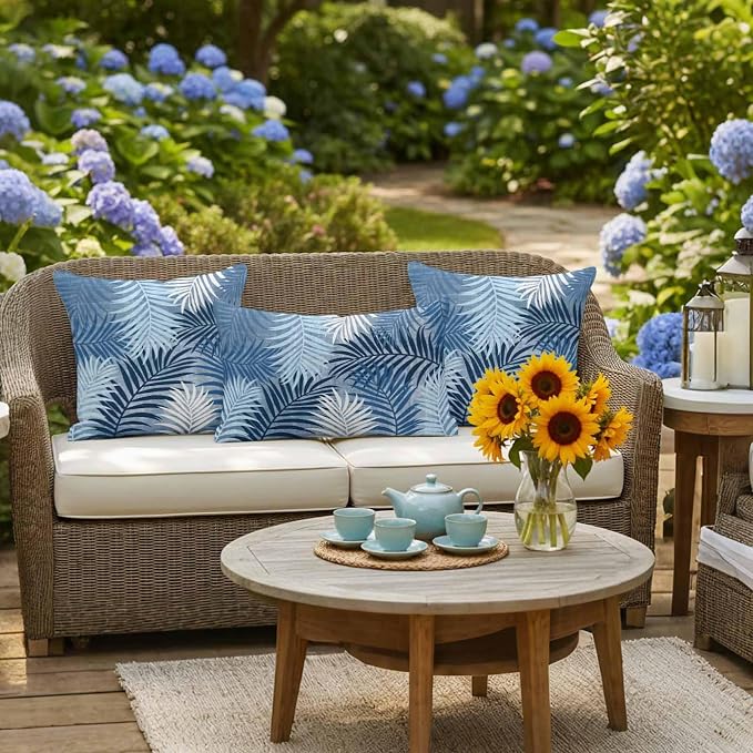 Blue Palm Leaves Waterproof Outdoor Pillow Covers Set of 2 Home Decor, Summer Tropical Leaf Plant Pillowcase Patio Pillow Covers for Couch Bench Patio Furniture Garden 24x24in