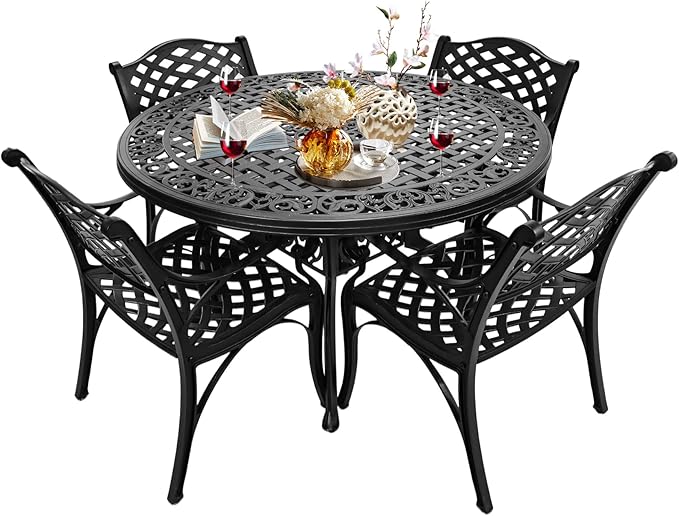 5 Pieces Cast Aluminium Patio Dining Set for 4-6 Person,Round 48" Patio Table and Chairs Set of 4 with 2.3" Umbrella Hole,Outdoor Patio Furniture Dining Set for Porch Backyard Deck, Black