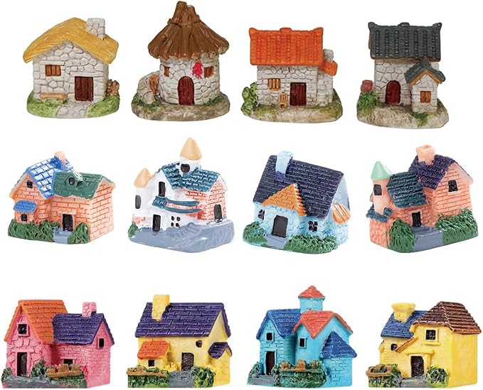 HYSTYLE Miniature Fairy Garden Stone House, 12 Pcs Mini Resin House, Mini Fairy Cottage House Village House Fairy Garden Kits Figurines for DIY Outdoor Decorations Garden,Patio Outdoor Décor