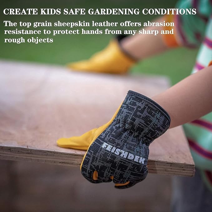 Kids Work Gloves, Sheepskin Leather Palm(Black, XS, 1-2 Years Old) | Toddler 1-2Y, Reflective, Breathable Fabric Back, Flexible, Hand Protection, Kids Gardening Gloves for Yard Work, Outdoor