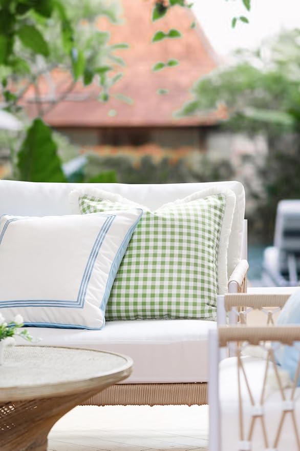 Hofdeco Premium Coastal Patio Indoor Outdoor Pillow Cover Only, 20"x20" Water Resistant for Backyard, Couch, Green Gingham Fringe