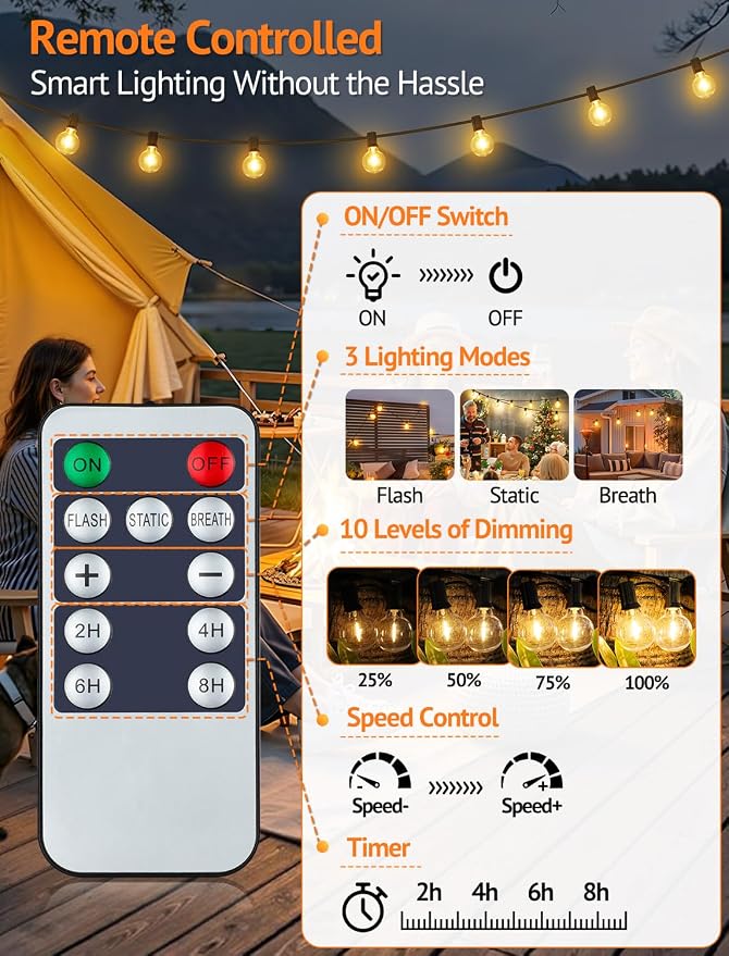 75FT(3x25FT) Solar String Lights with Remote, 30+3 G40 Bulbs, Black | Solar Powered, Dusk to Dawn, Dimmable, Timer, Memory Function, LED Globe Hanging Lights for Balcony Pergola Porch Decor