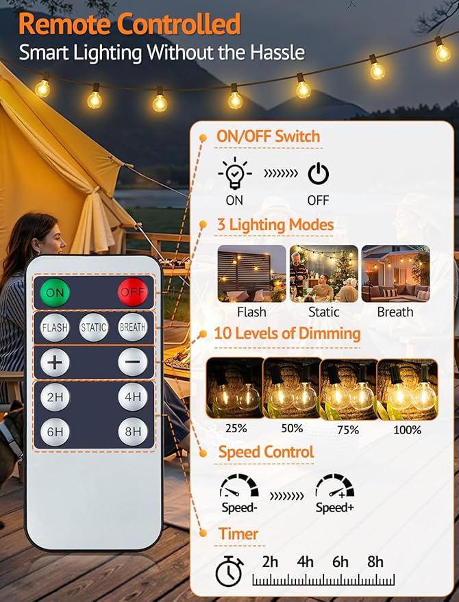 100FT(4x25FT) Solar String Lights with Remote, 43 G40 Bulbs, Black | Solar Powered, Dusk to Dawn, Dimmable, Timer, Memory Function, LED Globe Hanging Lights for Fence Camping Porch