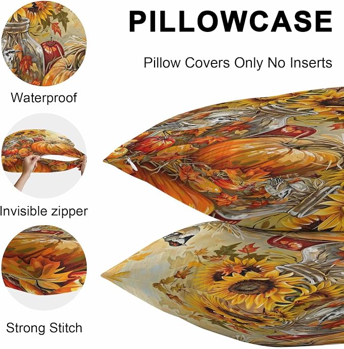 Fall Pumpkins Outdoor Pillow Covers 26x26 Inch Throw Pillow Covers Set of 2 Waterproof Decorative Pillow Cases Sunflowers Birds Thanksgiving Oil Painting Cushion Covers for Patio Furniture Garden