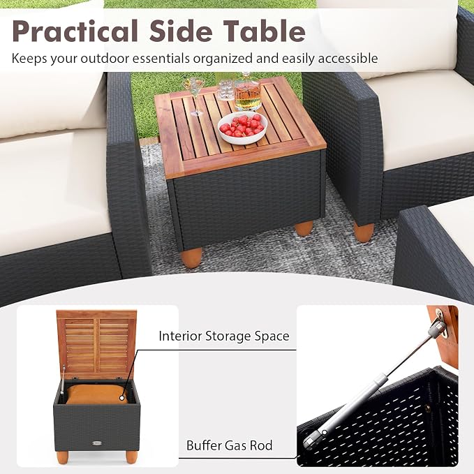 Tangkula 5 Pieces Patio Furniture Set, PE Rattan Chairs with Storage Table, Ottomans, Soft Pillows & Cushions, Acacia Wood Tabletop & Legs, Outdoor Conversation Set for Porch, Garden (White)