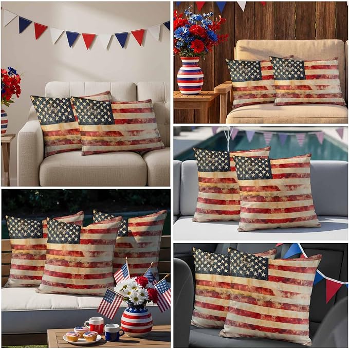 Independence Day Outdoor Pillow Covers 20"x20" Set of 2, Retro Country American Flag Waterproof Throw Pillow Covers for Patio Furniture, Decorative Cushion Covers for Porch