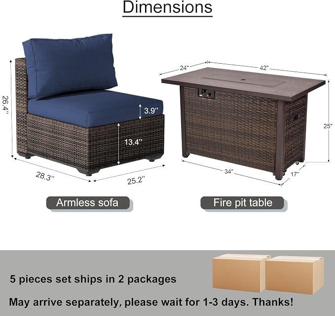 Patio Furniture Set with Fire Pit Table, Outdoor Sectional Rattan Sofa Set, Patio Set Seating Furniture with Thickened Cushions (Blue, 5 Pieces)