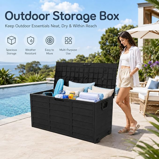 75 Gallon Resin Deck Box, Waterproof Outdoor Storage Box with Wheels, Lockable Lid and Handles, Large Deck Storage for Outdoor Gear, Patio Furniture Cushion, Gardening Tools, Jet Black