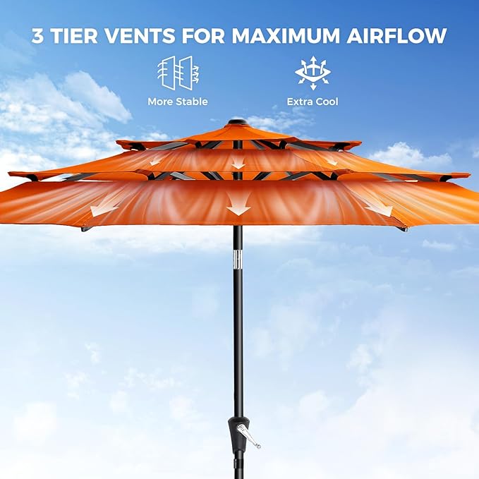HOMSHADE 9FT 3-Tiers Outdoor Patio Umbrella with 5-Year Fade Resistant,Vented Outdoor Commercial Market Umbrella with UPF50+ UV Protection & Push Button Tilt and Crank for Pool,Backyard(Orange)