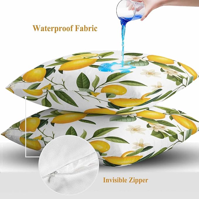 Outdoor Waterproof Throw Pillow Covers Set of 2 Yellow Lemon Pillowcases 16x16 Inches Floral Leaf Summer Fruits Decorative Pillows Cushion Case Patio Pillows for Couch Bed Chair Garden