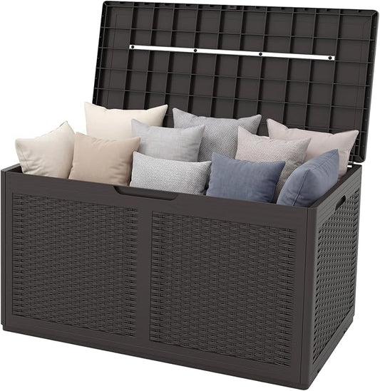 HAPPYGRILL 100 Gallon Resin Deck Box Outdoor Waterproof Storage with Lockable Lid, Rattan Texture Storage Container with Wheels for Pool Accessories, Garden Tool, Patio Furniture Cushion (Brown)